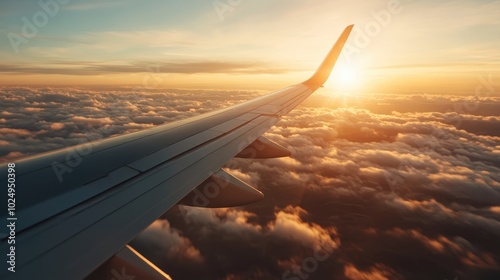 Capturing the serene beauty of an aircraft's wing cutting through fluffy clouds at sunset, this image embodies travel's peaceful journey and stunning aerial perspectives. photo