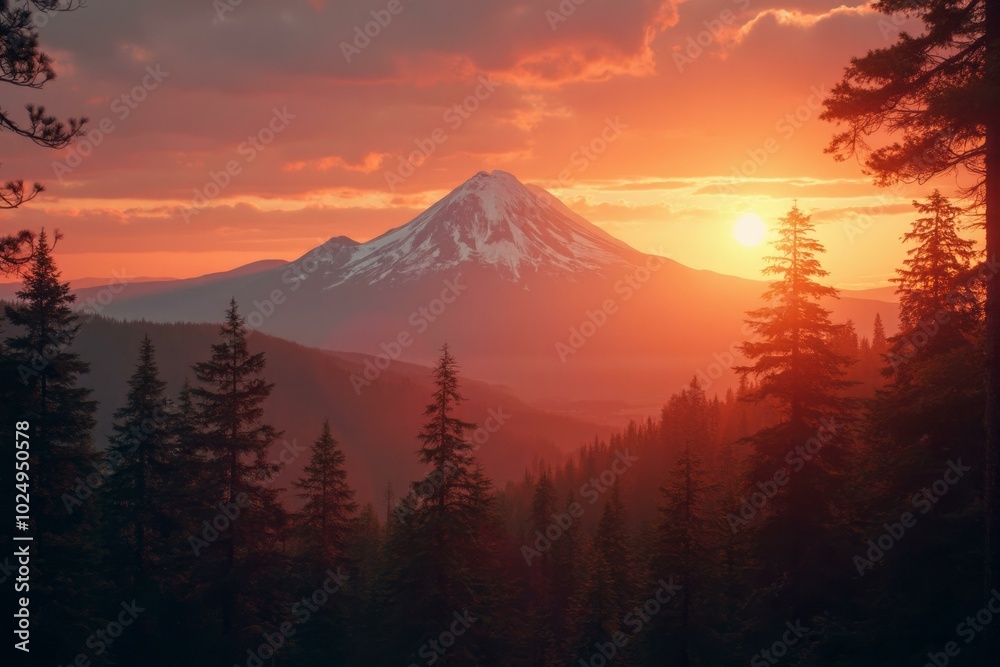 Mount Hood Landscape At Sunset With Golden Hues And Framed By Coniferous Trees Mount Hood Landscape At Sunset With Golden Hues And Framed By Coniferous Trees