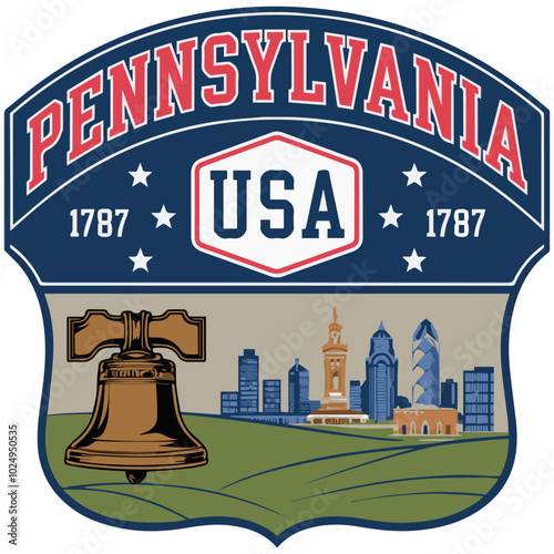 Pennsylvania Emblem with Liberty Bell and Skyline