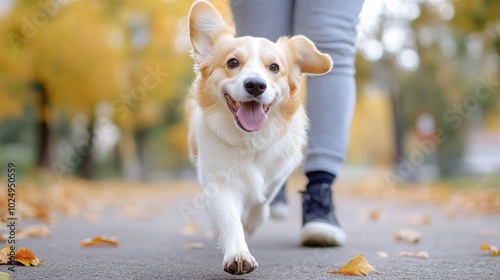 animal therapy Autumn landscape with a dog walking in a yellow colorful park. Ideal for promoting outdoor wellness, healthy living and the benefits of companionship with pets