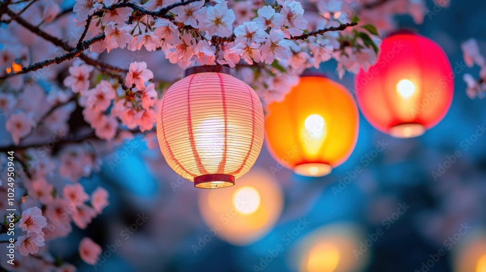 Glowing Lanterns and Cherry Blossoms in Springtime Festival Scene