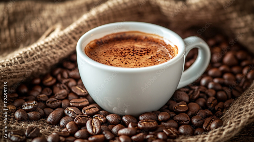 A warm cup of coffee resting on roasted beans in a cozy, rustic setting A warm cup of coffee resting on roasted beans in a cozy, rustic setting