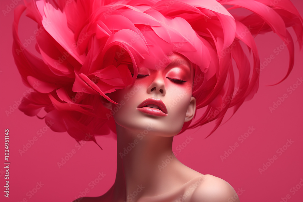 Close up portrait of a woman with pastel red and pink feathers instead of her hair. Background with copy space. Minimal creative concept of hair salon, hair care and hairstyles. Close up portrait of a woman with pastel red and pink feathers instead of her hair. Background with copy space. Minimal creative concept of hair salon, hair care and hairstyles.