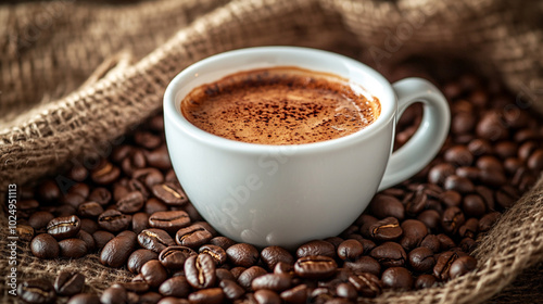 A warm cup of coffee resting on roasted beans in a cozy, rustic setting