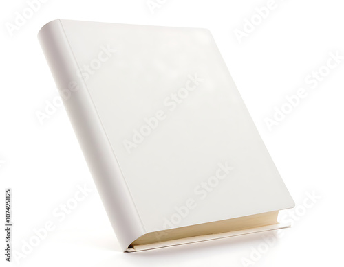 A blank white hardcover book standing upright against a white background.  Perfect for book cover mockups, educational content, or designs related to reading, writing, or publishing. photo