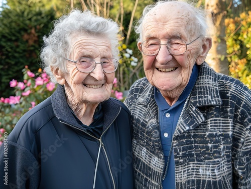 Senior couple in their 70s smiling and holding hands, walking along a serene park path surrounded by blooming flowers and tall trees, capturing the essence of long life and happiness.
