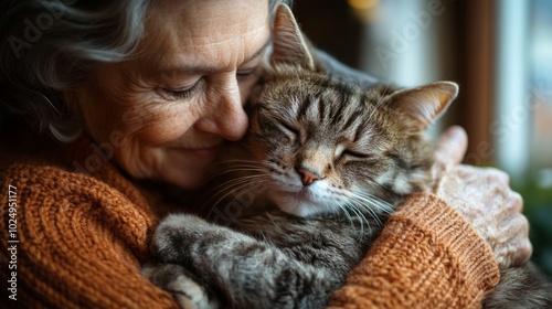 A woman is hugging a cat photo