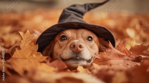 A golden retriever wearing a playful witch hat peeks joyfully out from a cozy pile of golden autumn leaves during a sunny, crisp fall day, exuding happiness. photo