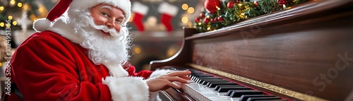 Santa Claus joyfully playing the piano surrounded by festive holiday decorations and twinkling lights, creating a warm Christmas atmosphere.