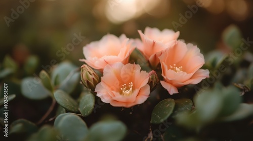 Peach-colored cactus flowers bloom gracefully among lush greenery, creating a stunning contrast and showcasing the beauty and resilience of desert flora. photo