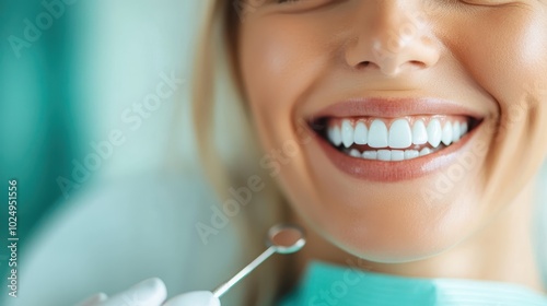 A dentist holds a tool near a woman's white teeth during an exam, showcasing the significance of maintaining dental health and regular checkups for confidence. photo