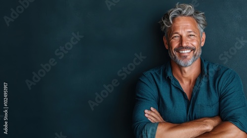 A smiling man with graying hair stands confidently against a simple dark background, arms crossed in a casual pose, reflecting positivity and confidence in life.