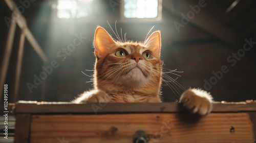 A curious orange tabby cat peeks over a wooden ledge in a softly lit room, creating a sense of wonder and discovery in this quaint, nostalgic setting. photo