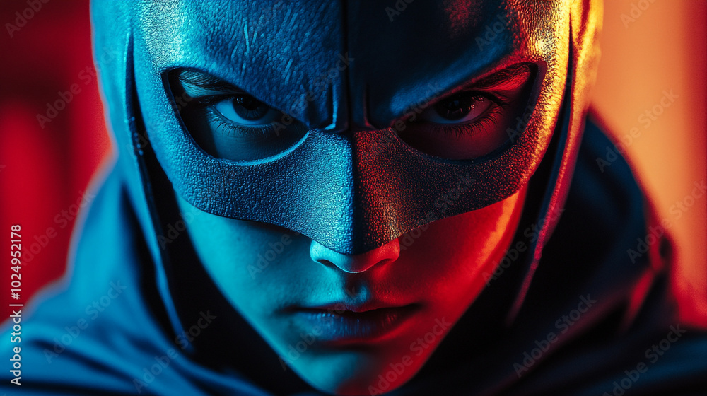 A young hero in a mask and hood stares intensely at the camera against a colorful backdrop A young hero in a mask and hood stares intensely at the camera against a colorful backdrop