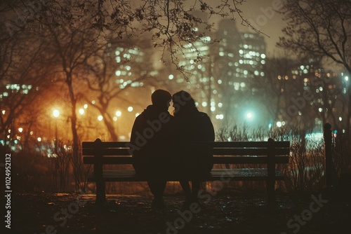 Nighttime view of two people sitting on a bench in a park photo