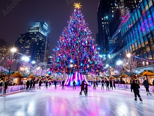 Vibrant cityscape featuring a giant, illuminated Christmas tree at a bustling outdoor ice skating rink at night, surrounded by urban architecture.