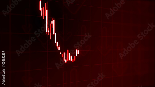 Empty, Template, 3D illustration of a bearish market with glow red trading candles and down arrows, vivid glowing red background, financial loss and market decline. 4k image