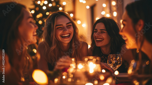 A group of friends at a cozy home gathering, sharing laughter and showcasing their bright smiles after undergoing a teeth whitening treatment, with a warm ambiance and fun decorations around them