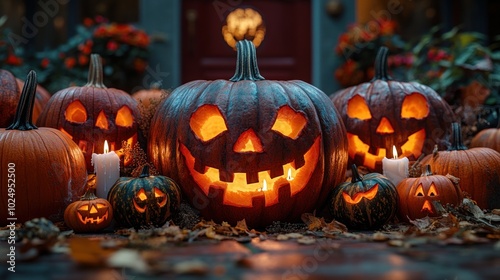 A festive display of carved pumpkins with candles for Halloween.