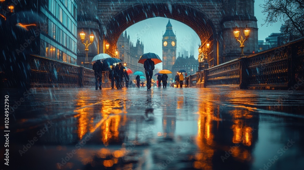 A rainy evening stroll under Westminster Bridge with colorful umbrellas reflecting in puddles