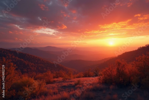 Ozark Mountains At Sunset With Warm Colors And Autumn Foliage photo