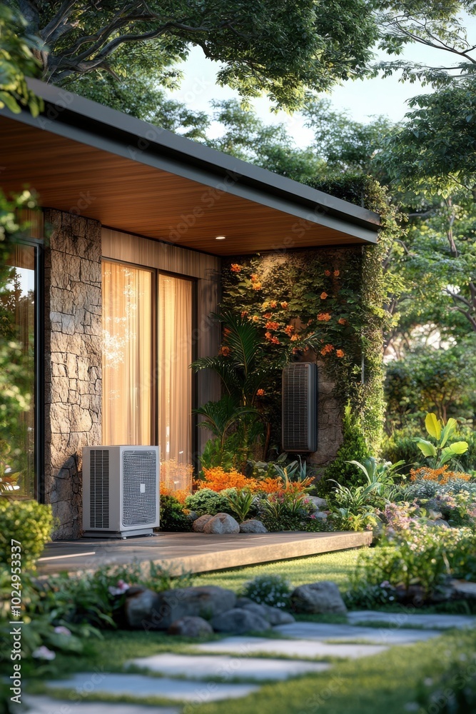 Beautiful modern house exterior with lush greenery and vibrant flowers in a tranquil garden setting Beautiful modern house exterior with lush greenery and vibrant flowers in a tranquil garden setting