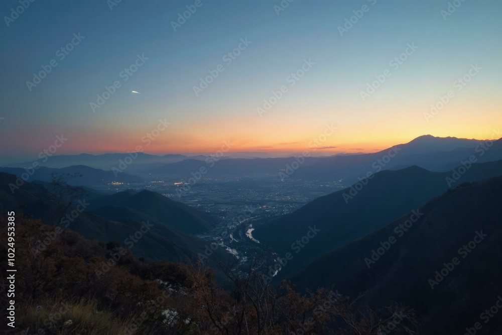 San Gabriel Mountains At Dusk With Illuminated Valley And Crescent Moon San Gabriel Mountains At Dusk With Illuminated Valley And Crescent Moon
