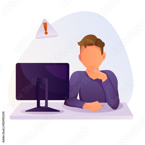Man works at computer desk. Person employee at desktop PC, table. Worker has a problem at workplace, typing, surfing internet, using technology. Flat vector illustration isolated on white background