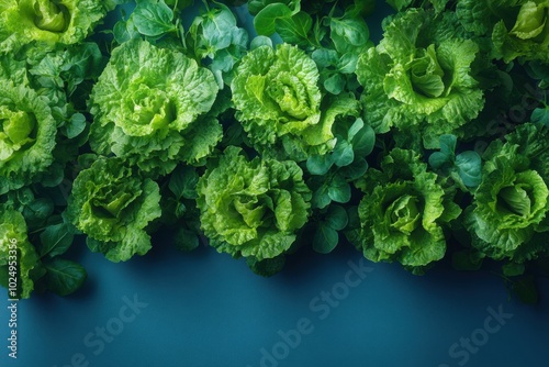 Many lettuce plants growing on a blue surface