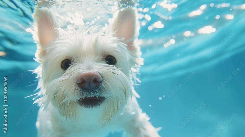 A playful dog swimming underwater, showcasing its joyful expression and fluffy fur.