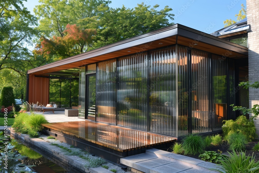 A sustainable home design featuring fluted glass elements in the facade, enhancing privacy while reducing the need for window treatments. A sustainable home design featuring fluted glass elements in the facade, enhancing privacy while reducing the need for window treatments.