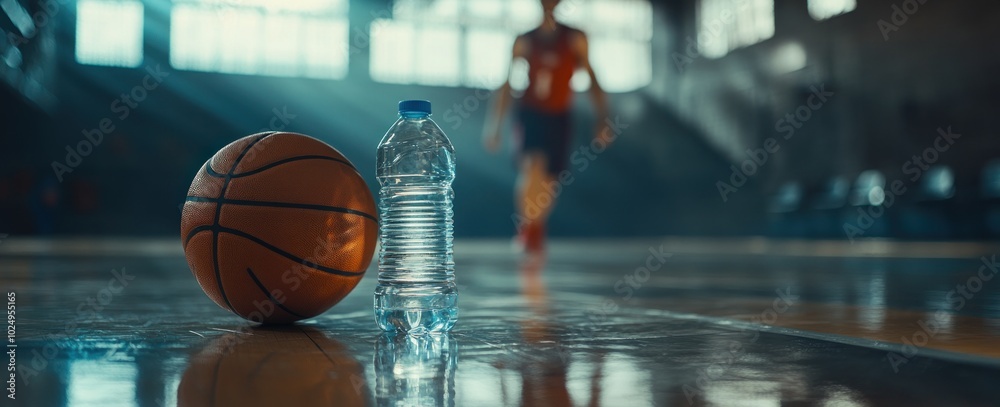 A basketball and a water bottle on a gym floor, with a player in the background. A basketball and a water bottle on a gym floor, with a player in the background.