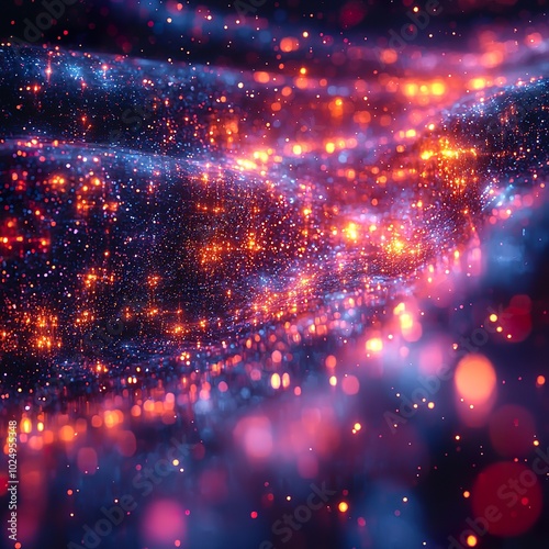 Wavy surface with glowing particles and bokeh.