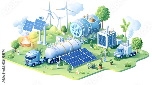 Isometric vector illustration of a green hydrogen power plant concept combining solar cells and wind turbine energy for powering H2 semitruck transporters representing an ecofriendly photo