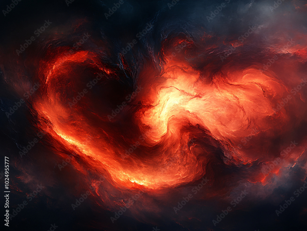 Fototapeta premium a vivid and fiery heart shape with a swirling motion set against a dark, almost black background.