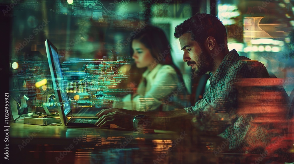 A visually striking scene of two individuals focused on their laptops, illuminated by city lights, highlighting technology and collaboration in an urban setting. A visually striking scene of two individuals focused on their laptops, illuminated by city lights, highlighting technology and collaboration in an urban setting.