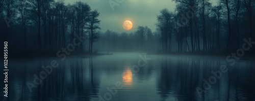 Mysterious enchanting landscape, river illuminated by moonlight on full moon. Enigmatic trees grow along riverbank, mystical atmosphere. Background, banner or backdrop with copy space for Halloween