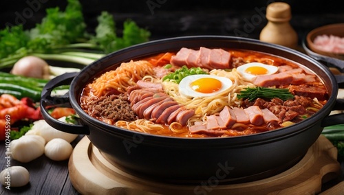 Budae Jjigae or Budaejjigae (Army stew or Army base stew). It is loaded with Kimchi, spam, sausages, ramen noodles and much more - popular Korean hot pot food style
 photo