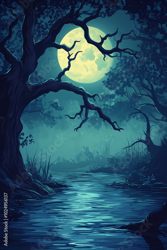 Creepy trees loom over foggy river under full moon. Moonlight illuminates eerie swampy scenery. Wide natural scary cartoon landscape background, vertical banner, backdrop with copy space for Halloween