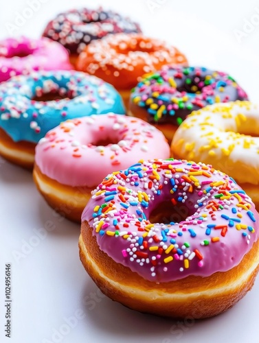 Doughnuts with sprinkles on a white surface