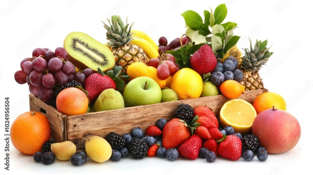 A vibrant assortment of fresh fruits displayed in a wooden crate for a healthy lifestyle.