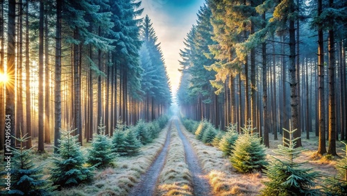 Snow-covered Abies sachalinensis forest on a cold winter morning photo