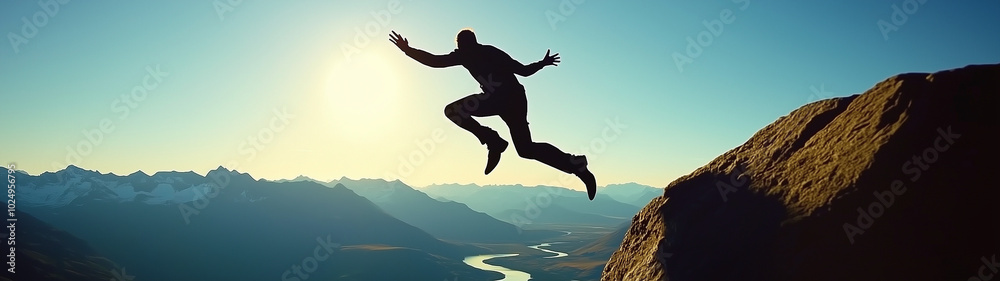 Silhouette man jumping over cliffs for I can do it, good mindset, freedom, good mindset, photo, poster, conceptual art, success, goals Silhouette man jumping over cliffs for I can do it, good mindset, freedom, good mindset, photo, poster, conceptual art, success, goals