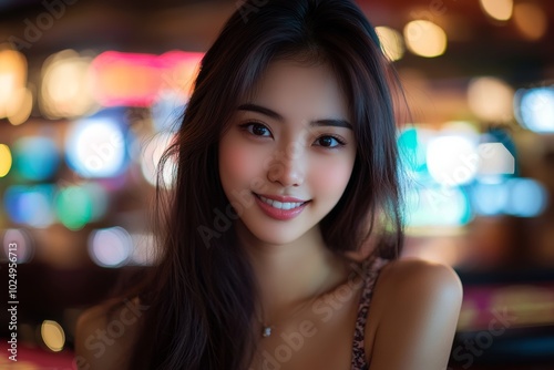 Woman with long dark hair and a necklace is smiling. The photo is blurry and has a lot of lights in the background. Beautiful Asian Woman Posing In Prestige Casino.