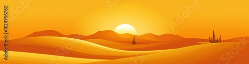 A serene desert landscape at sunset, showcasing rolling dunes and silhouetted formations.