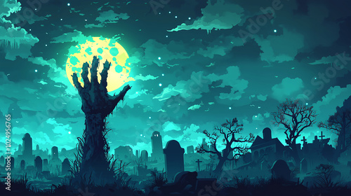 Creepy dirty zombie hand rising from grave in nighttime cemetery with full moon. Cartoon monster emerging from tomb. Horror banner, poster, party invitation, greeting card for Halloween, copy space