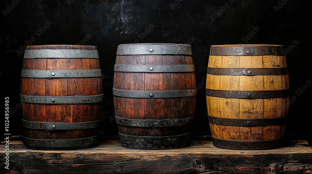 Diverse wooden barrels showcasing varying finishes and textures on a rustic wooden shelf Diverse wooden barrels showcasing varying finishes and textures on a rustic wooden shelf
