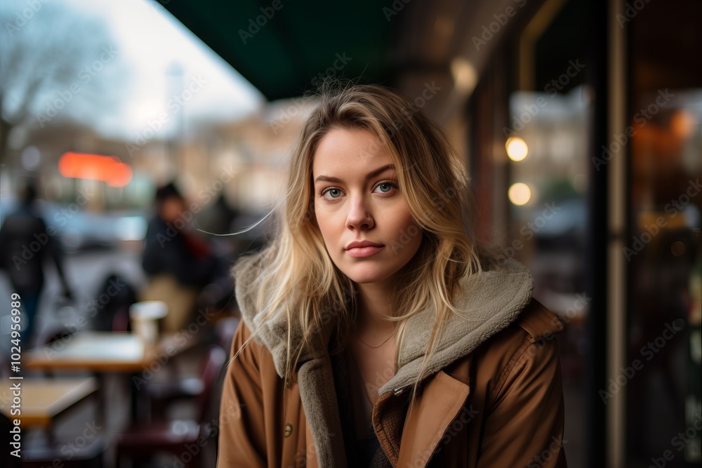 Portrait of a beautiful young blonde woman in a brown coat in a cafe Portrait of a beautiful young blonde woman in a brown coat in a cafe