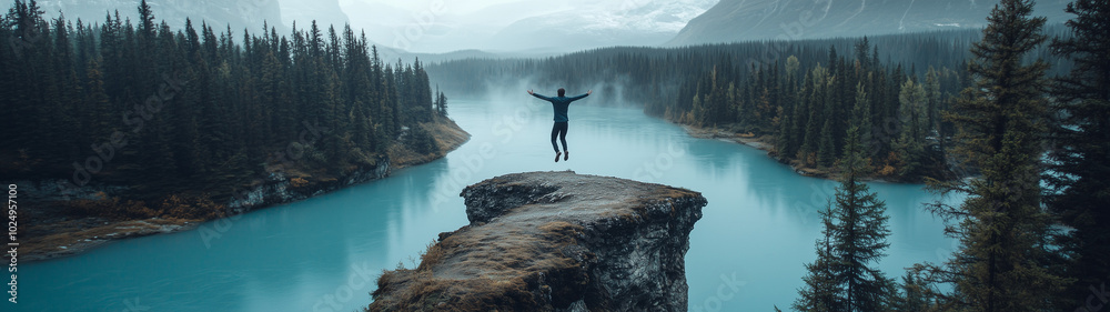 Fototapeta premium Silhouette man jumping over cliffs for I can do it, good mindset, freedom, good mindset, photo, poster, conceptual art, success, goals 