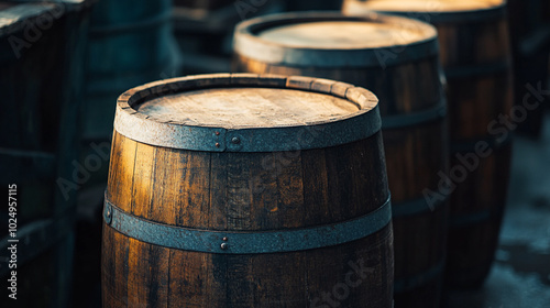 Wooden barrels stacked in a rustic setting at sunset, showcasing craftsmanship and texture